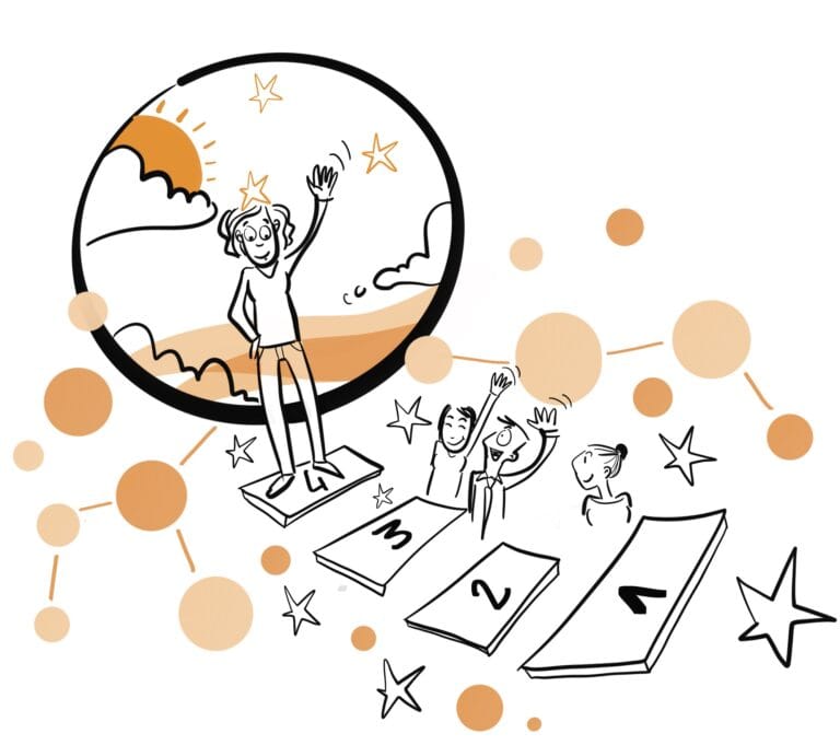Hand-drawn illustration in black and white and orange,showing steps to a dream.