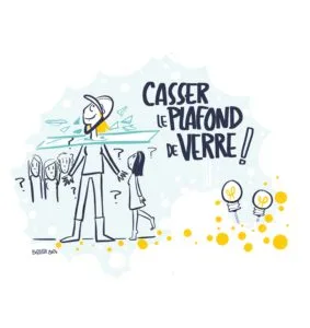 Illustration by Alexia Leibbrandt, French graphic facilitator & artist based in Paris – a woman breaking through a glass ceiling while others watch, symbol of inclusion, empowerment and equality at work.