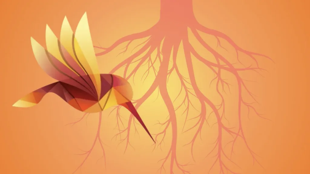 Geometric hummingbird flying near tree roots on orange background, Nemawashi metaphor animated by Alexia Leibbrandt Bigsista, facilitation graphique Paris
