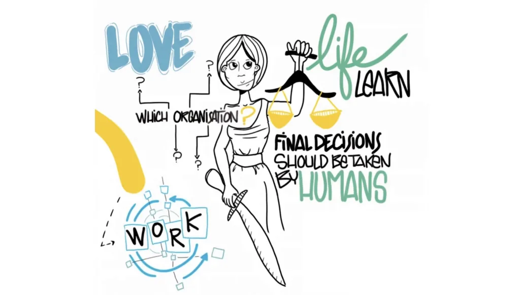 Woman holding a balance with words "love life learn work" and quote "final decisions should be taken by humans" -animated fresco by Alexia Leibbrandt Bigsista facilitation graphique Paris for UNESCO