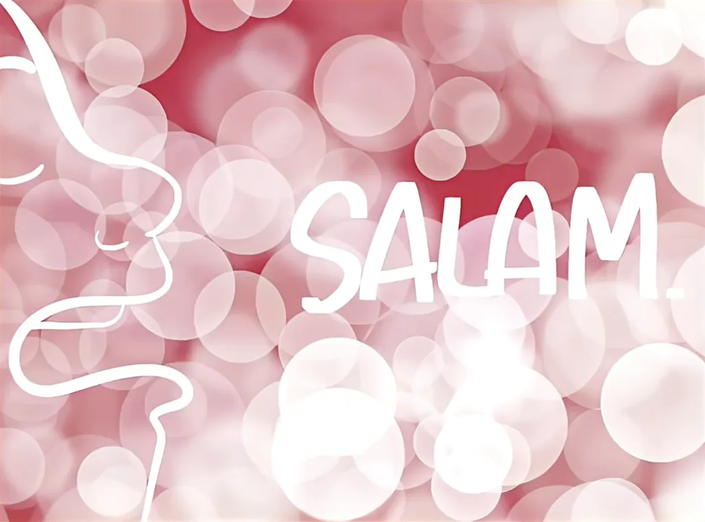 White line face profile with the word SALAM on pink background, digital live videoscribing by Alexia Leibbrandt Bigsista during Jacky Ido speech at ChangeNOW projet Moteur and Slamaleikoum, facilitation graphique Paris